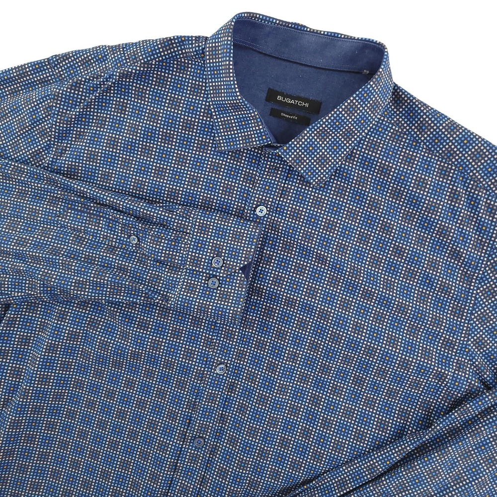 BUGATCHI Dress Shirt‎ Mens 2XL Blue Geometric Slim Fit Cotton Woven Long Sleeve